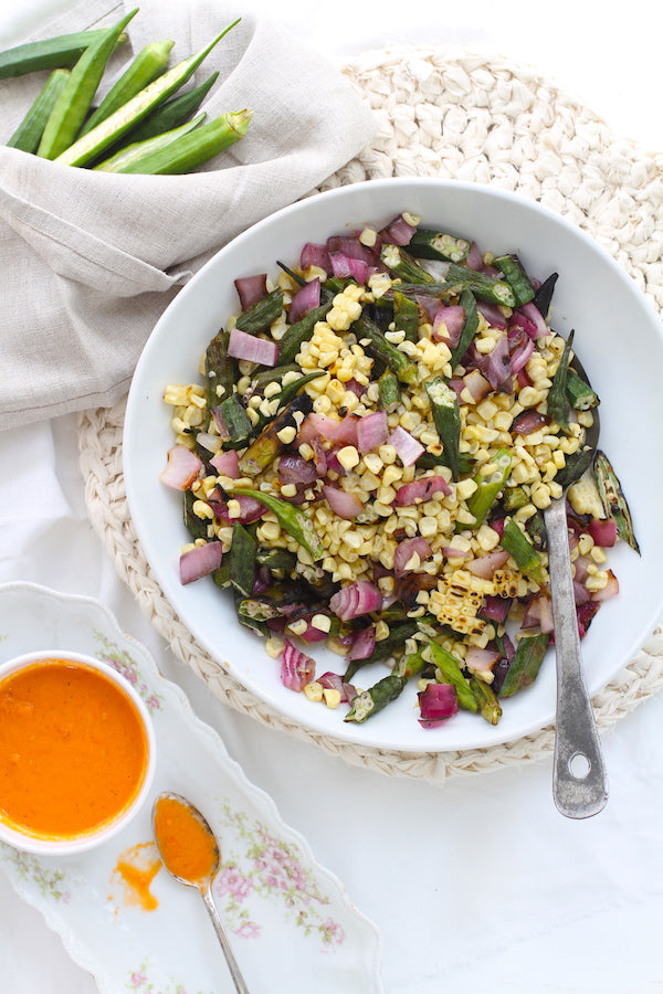 Charred Okra and Corn Salad with Tomato Dressing