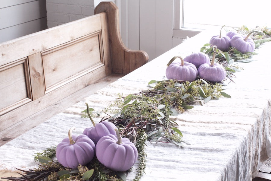 Lavender Pumpkin and Seeded Eucalyptus Centerpiece, Thanksgiving Centerpiece, Libbie Summers label, Libbie Summers Entertains, A Colorful Thanksgiving Table, Purple Pumpkins, 