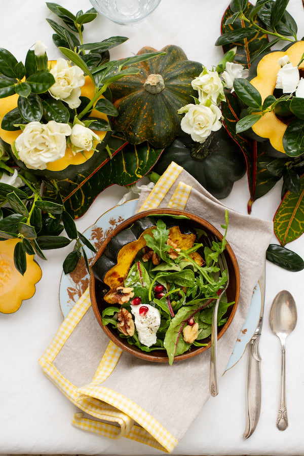 Food-inspired table settings, Acorn Squash table setting, holiday table decor, holiday tablescapes, Libbie Summers label, Yellow Gingham Linen Napkins