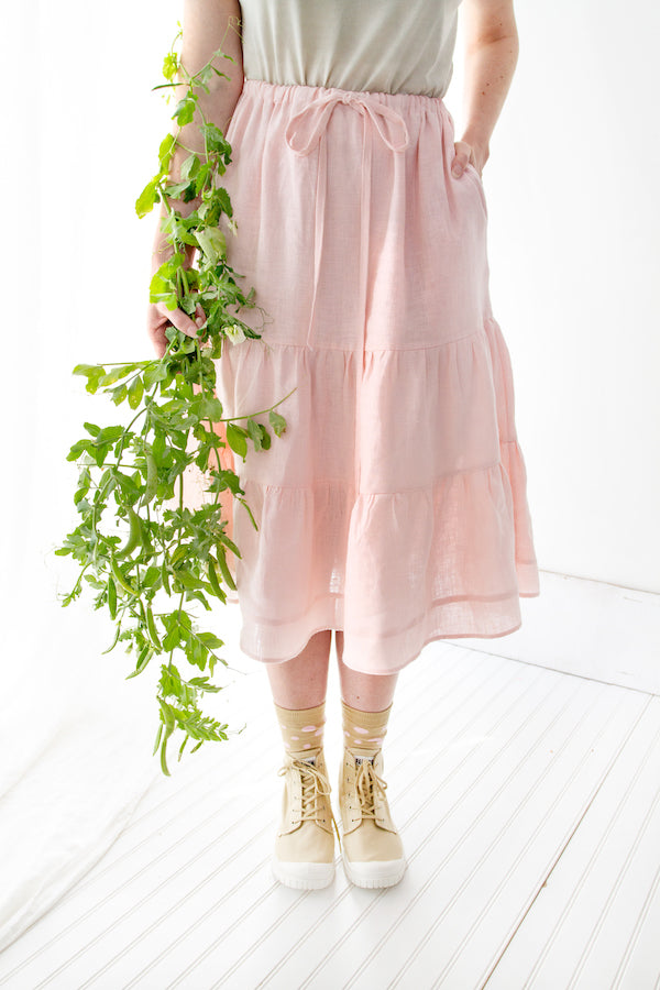 Tiered A-line Midi Skirt in soft pink linen, two sizes, slow fashion, Libbie Summers Label