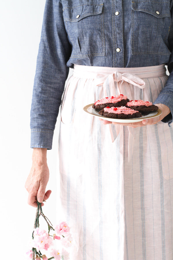 Chamber Apron in Light Pink and Chambray Striped Linen, Libbie Summers label, Linen Aprons, Hostess Apron