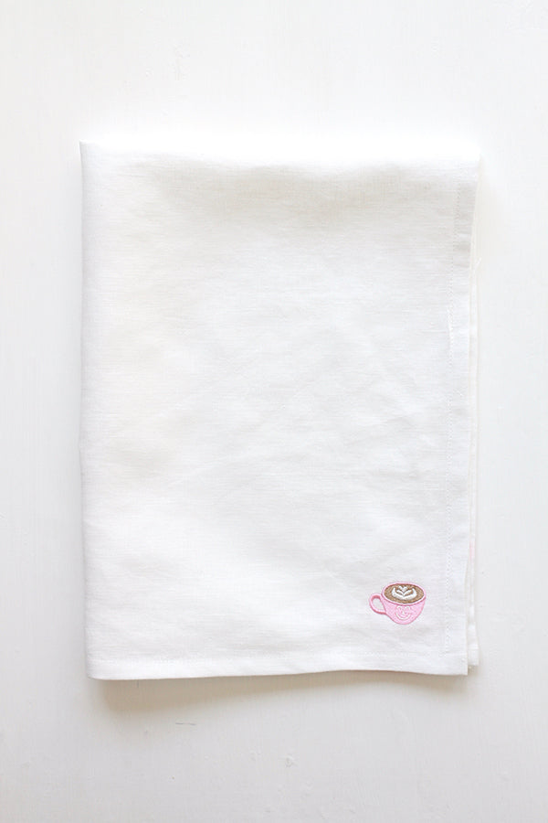 White Linen Kitchen Towel or Table Napkin with Caffe Latte Embroidery from Libbie Summers label