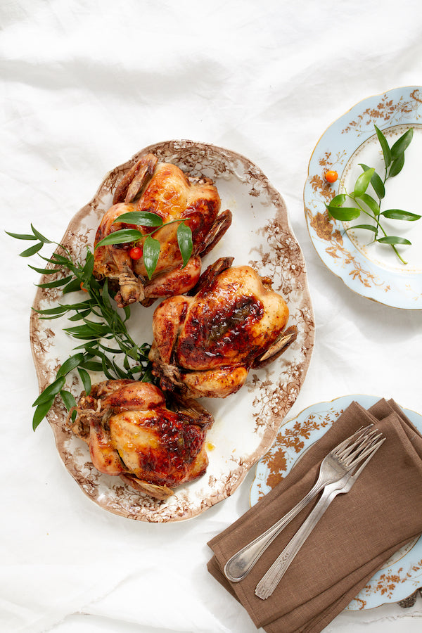 Peach Bourbon Glazed Game Birds