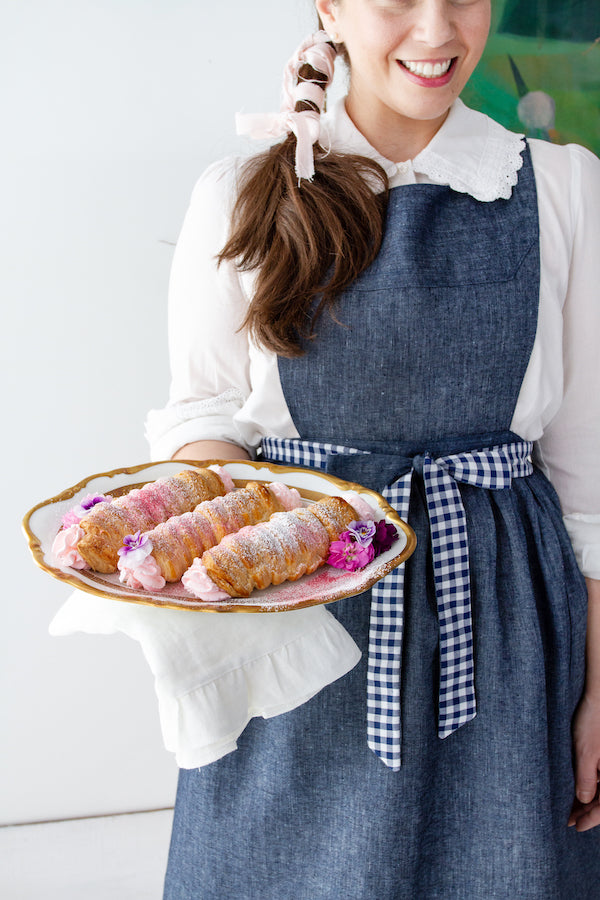 Libbie Summers Label Pinafore Apron in Indigo Chambray Linen with navy gingham