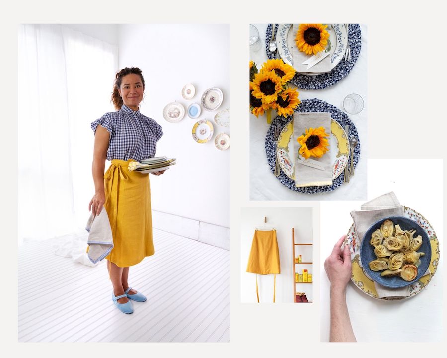 Plate Wall –Design to Dinner Table (Mustard Linen A-line Wrap Skirt) by Libbie Summers