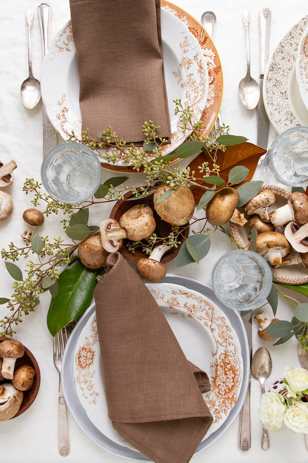 Shiitake Brown Linen Napkin Set for a modern nostagic table, Libbie Summers Label