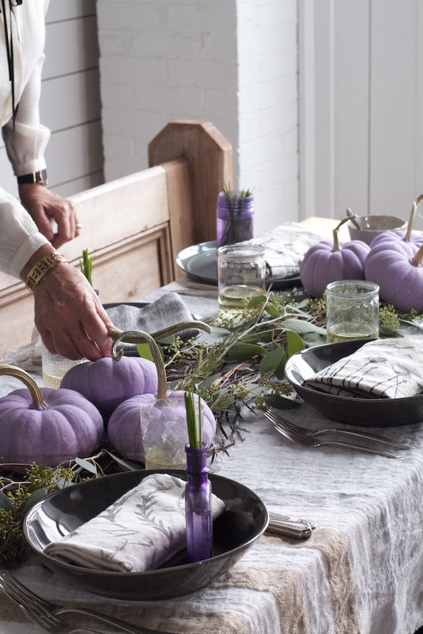 Holiday Table Decor, Holiday Entertaining, Thanksgiving Table, Linen Napkins, Libbie Summers label, Libbie Summers Entertains, Vintage Purple Medicine Bottles, Purple Pumpkins, Lavender Pumpkins, Colorful Thanksgiving Table, Seeded Eucalyptus