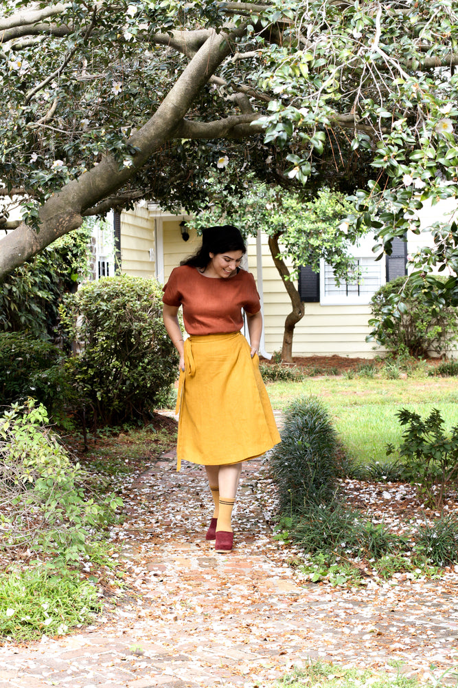 EVERYDAY BEAUTIFUL A-LINE APRON WRAP SKIRT IN MUSTARD LINEN – LIBBIE ...