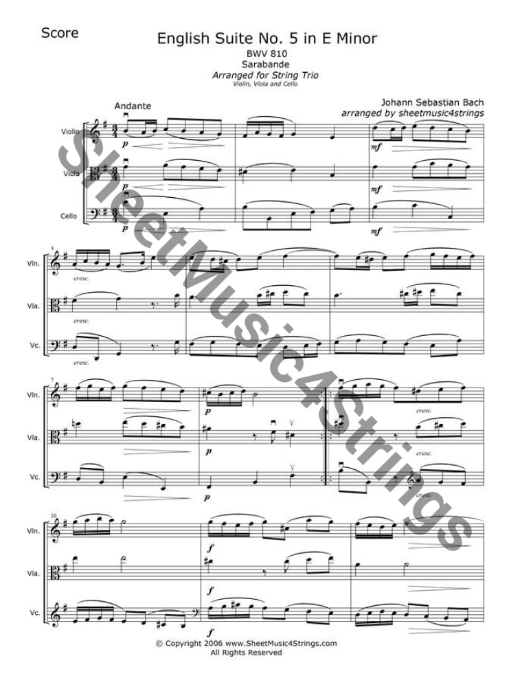 Bach Sarabande Violin Viola And Cello Trio From English Suite No 5 Sheetmusic4strings 6794