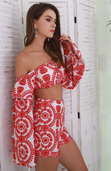 flower child red and white bell sleeve two piece crop set