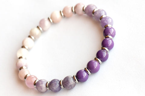 healing crystals of phosphosiderite in our lilac ombre bracelet
