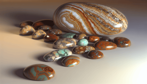 Various types of jasper stones including picture jasper, orbicular jasper, and green jasper