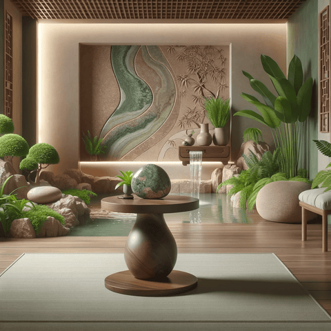 a tranquil and harmonious interior room designed according to Feng Shui principles, featuring unakite stone.