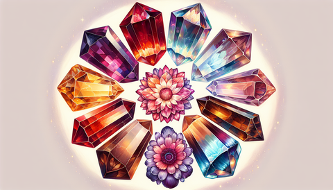 Illustration of 10 different crystals with vibrant colors, representing top crystals for root chakra support