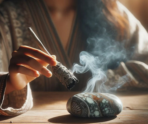 cleansing pietersite by smudging with sage