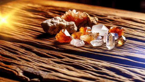Assortment of colorful crystals for creativity on a wooden table
