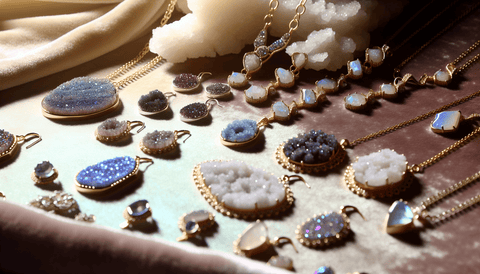 Elegant druzy jewelry pieces including necklaces, earrings, and bracelets
