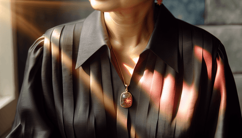 Person wearing a sunstone pendant as a fashion statement