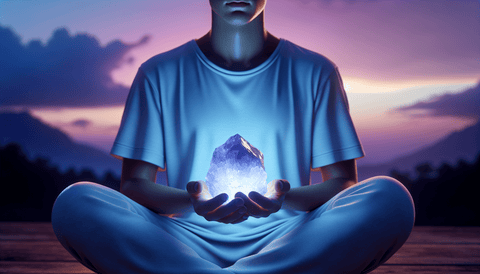 Person meditating with phosphosiderite for grounding and spiritual connection