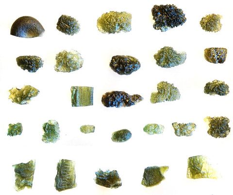 different shades of green crystals of Moldavite