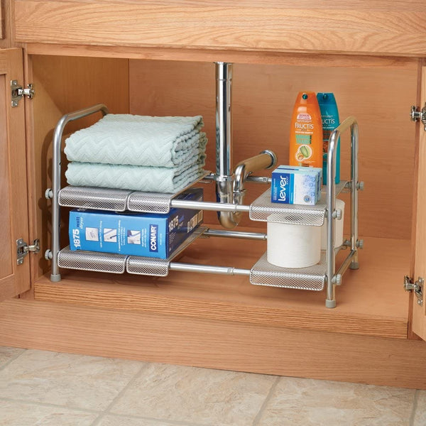 This InterDesign Cabrini under sink shelf is made from powder coated metal, offering great weight capacity and long-lasting rust resistance for the bathroom.