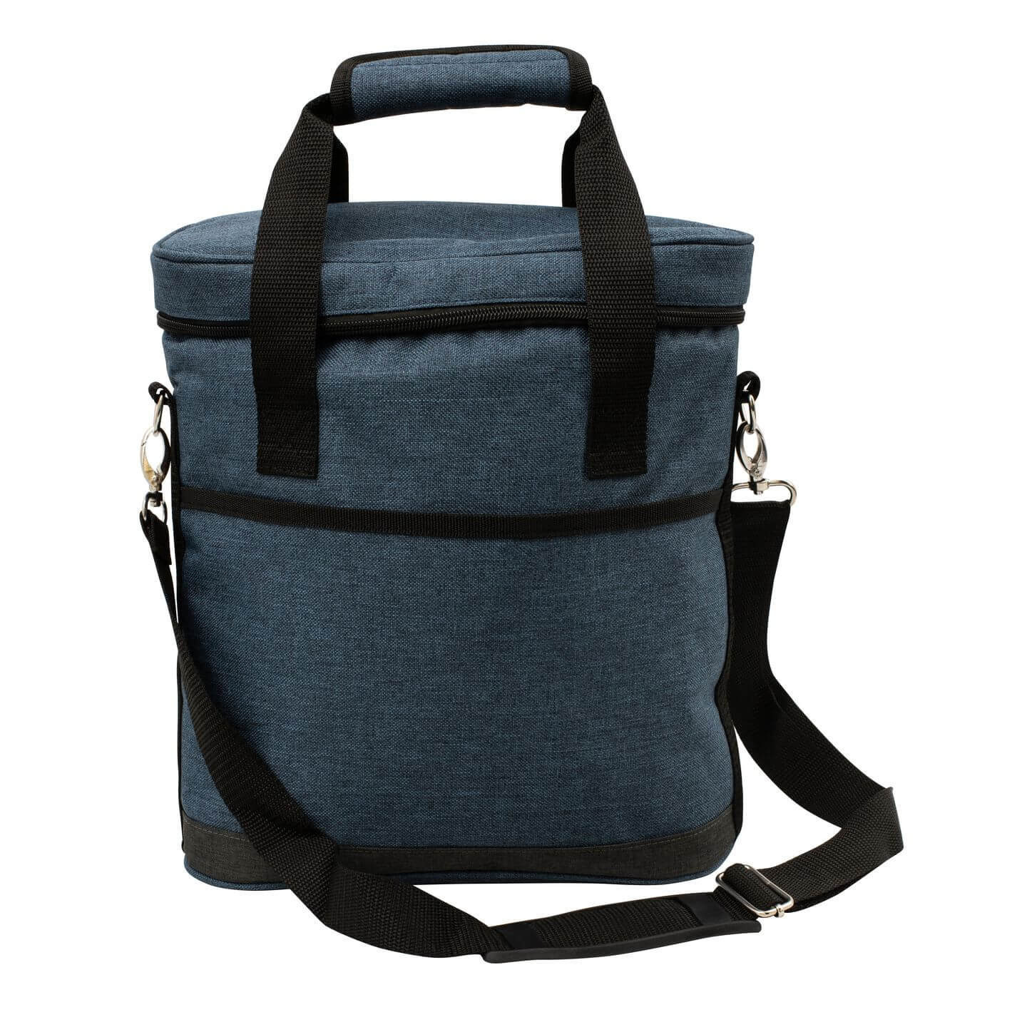 A navy blue insulated wine carry bag with a black shoulder strap