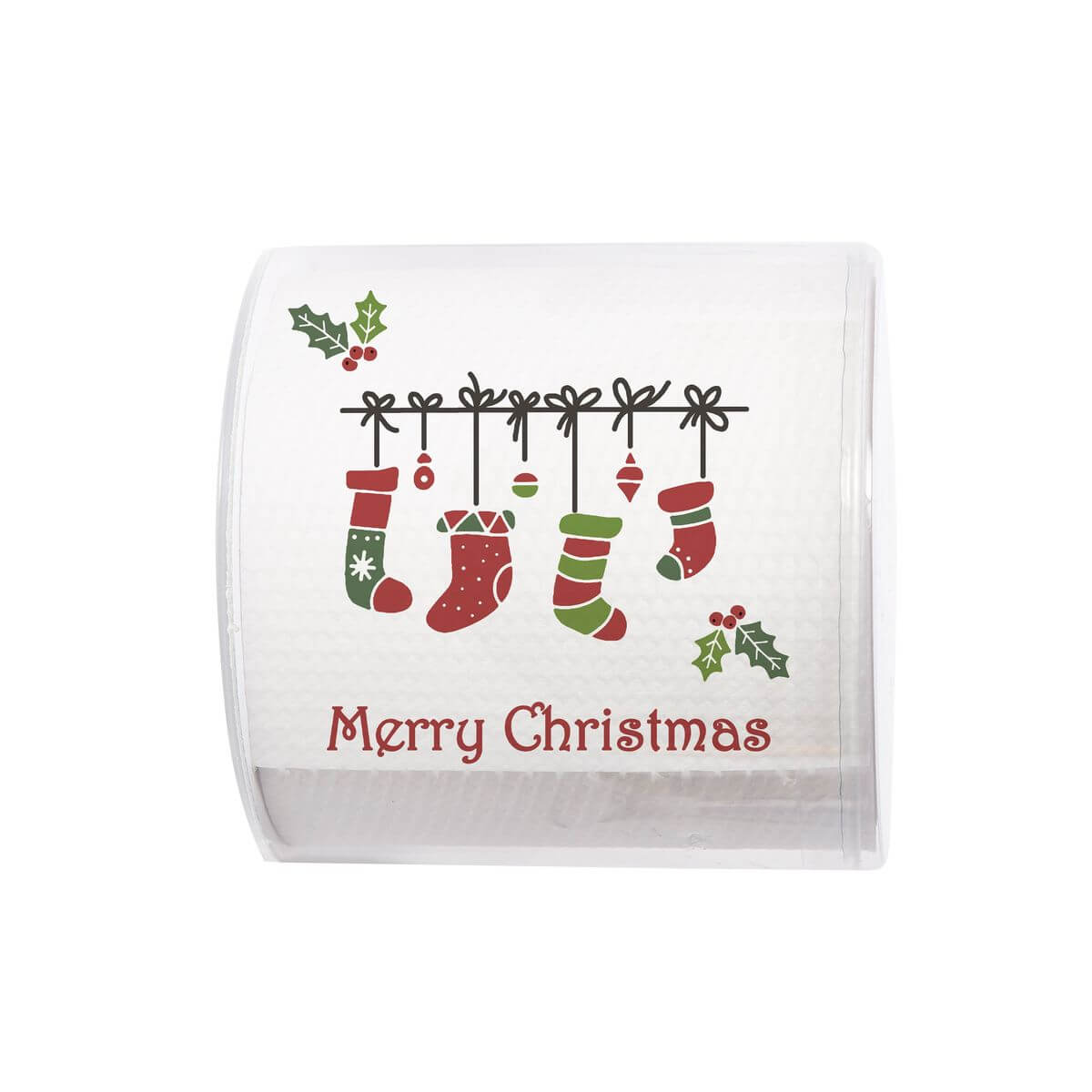 A roll of Christmas themed toilet paper with Christmas stockings and "Merry Christmas" printed on the paper