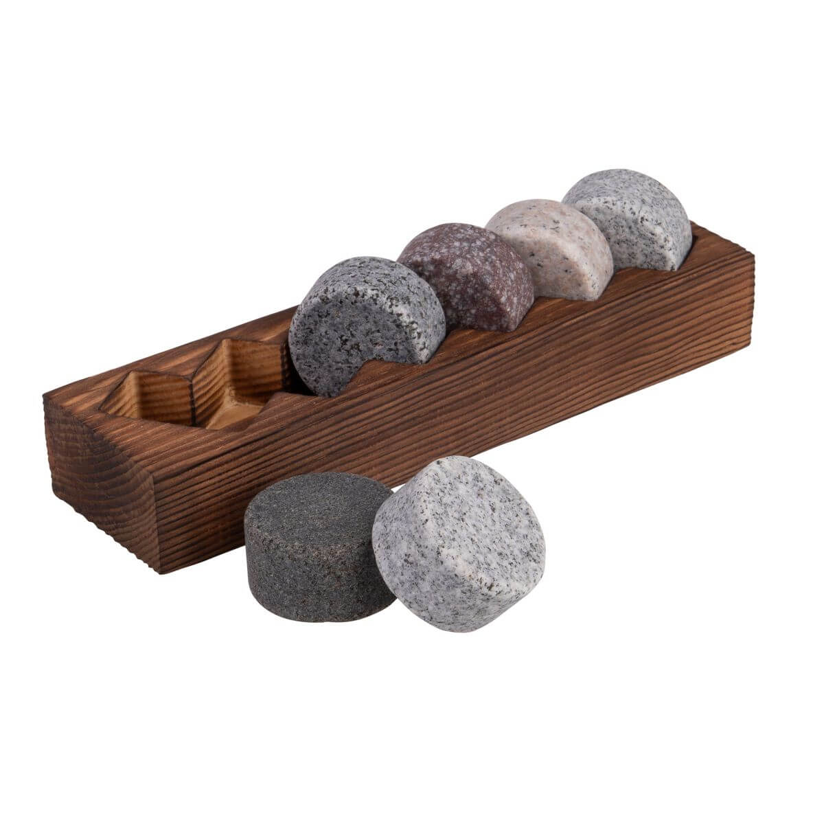 Six granite whiskey stones in a dark timber display case