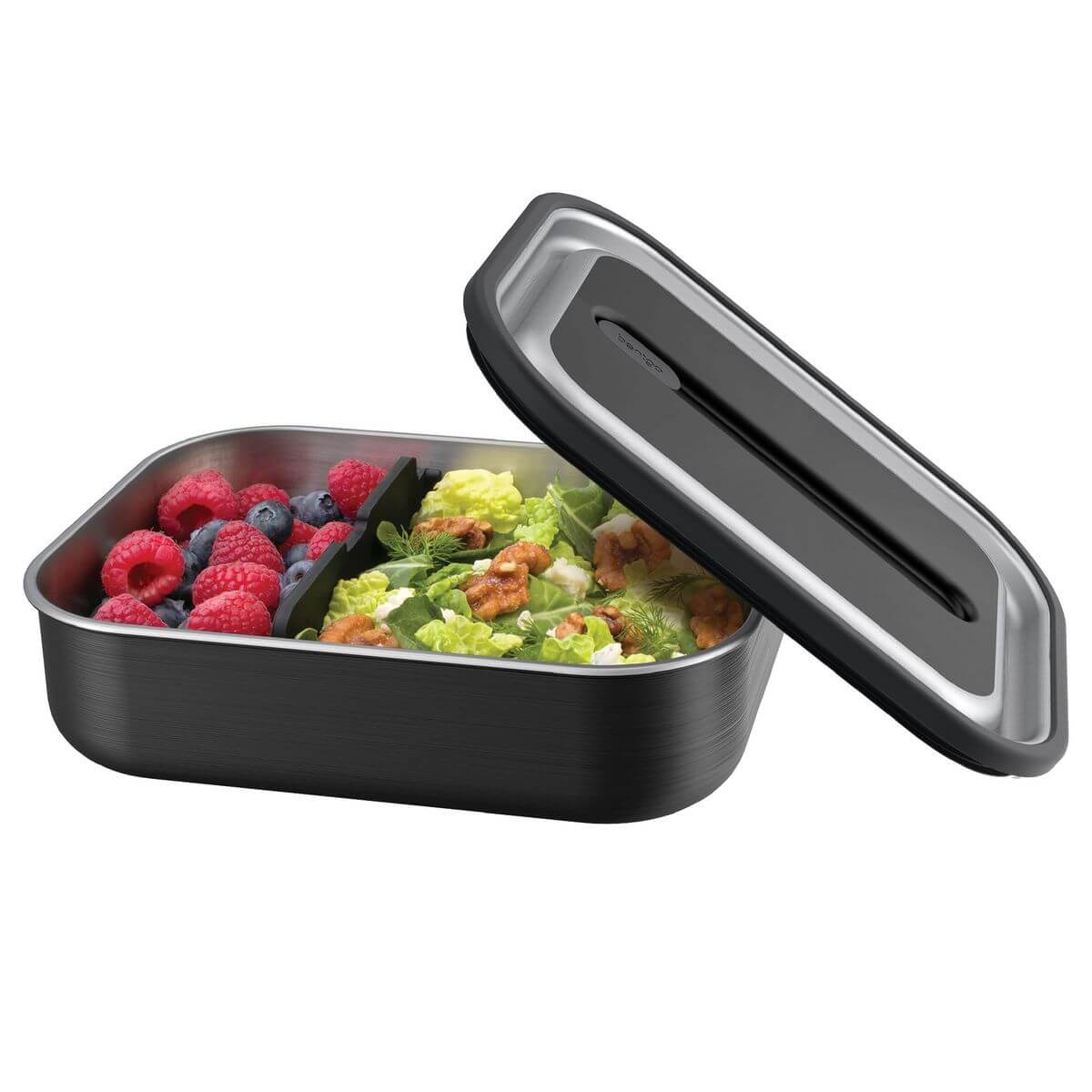 A Carbon Black stainless steel bento lunch box with fruit and lunch salad inside