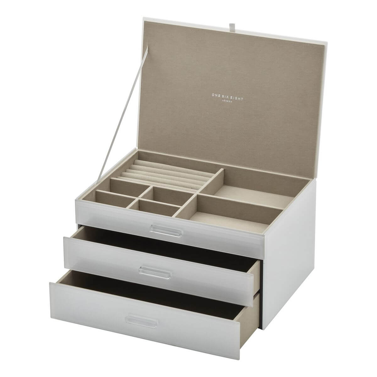 A white glass jewellery box with three jewellery drawers and grey velvet lining