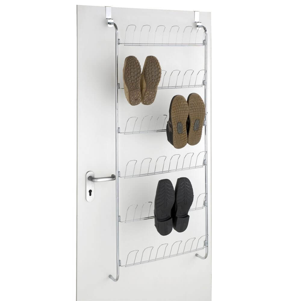 A Marcello 18 Pair Over the Door Shoe Rack in chrome. The shoe organiser hangs over a grey door.