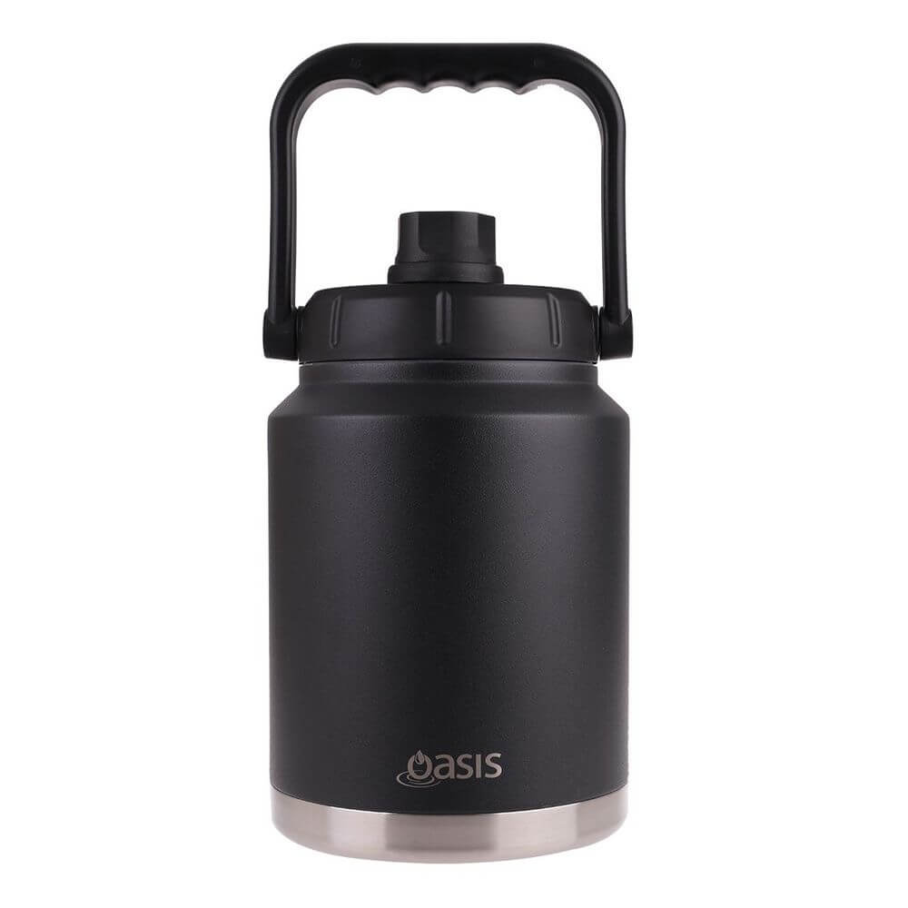 A black 2.1L jumbo insulated water bottle with carry handle