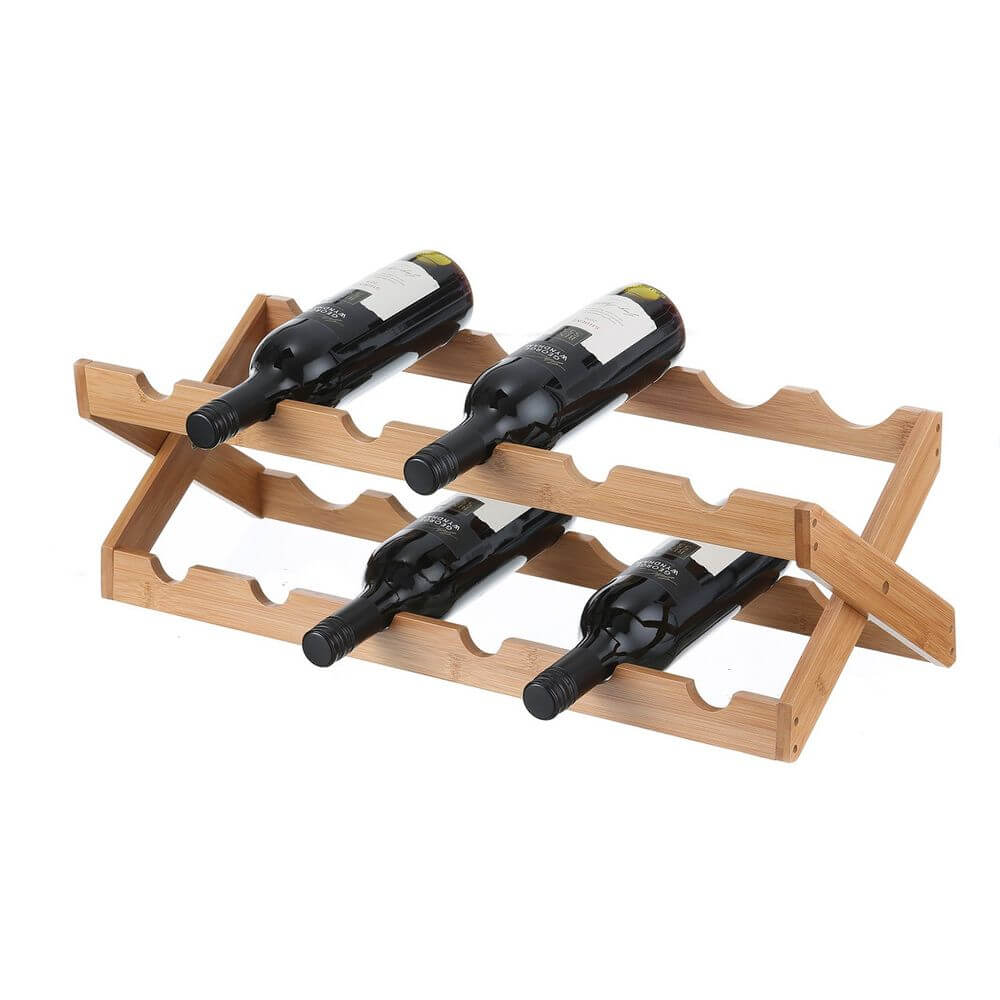 A 12 bottle folding bamboo wine rack with four bottles of wine stored on it