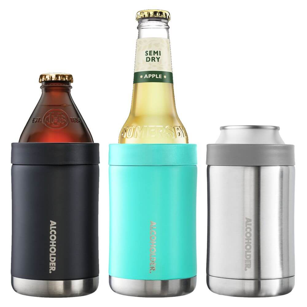 Three insulated stainless steel can coolers, with two beer bottles and a can inside