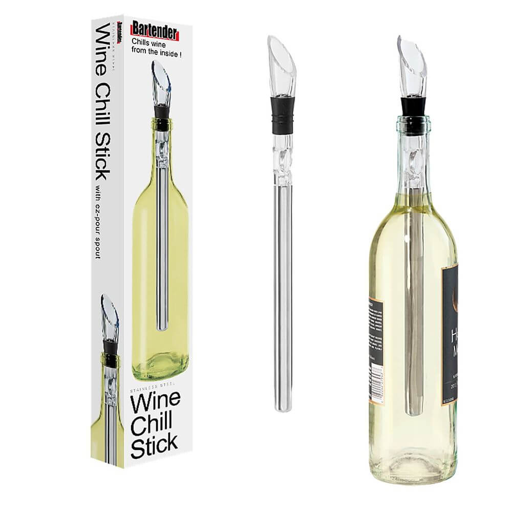 Three stainless steel wine chill sticks; one in gift box, one on its own, and one inserted into a bottle of white wine