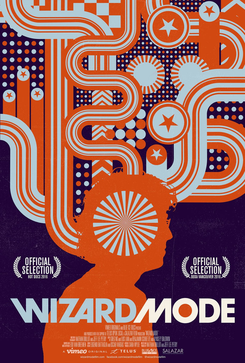 A film poster of the documentary Wizard Mode, which features vector art in navy blue, orange, and white, stylzed in curving lines, chevrons, dots. All these shapes lead down to the silhouette of a mans head in the color orange, with white rays bursting from the center of his head.