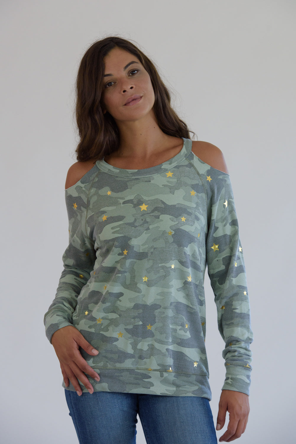 cold shoulder camo sweatshirt