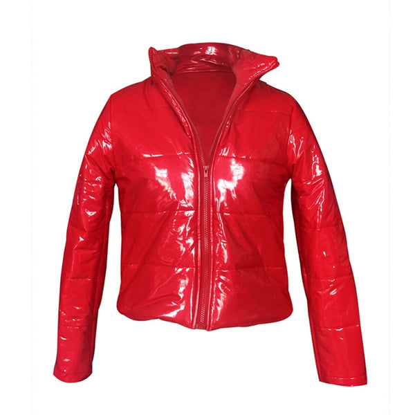 plus size patent leather puffer jacket