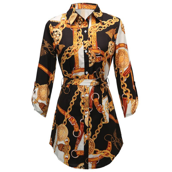 chains print belted casual shirt dress