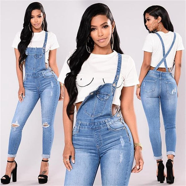 strap jeans jumpsuit