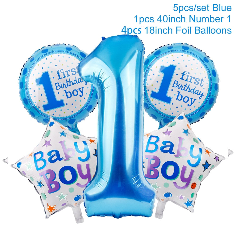 Qifu First Birthday Boy Party Decor Foil Balloons Birthday 1st