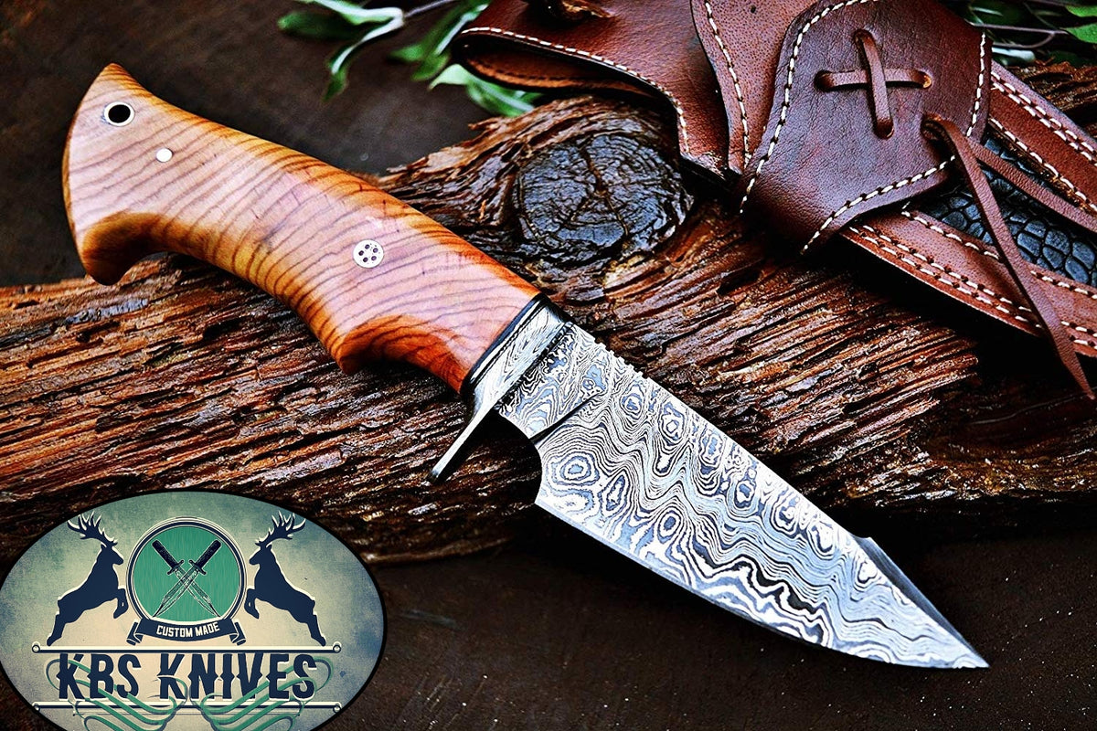 Olive Wood Handle Damascus Hunting Knife – KBS Knives Store
