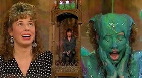 Three images of the same woman. 1 she is clean. 2 she is sat in a gunge tank, 3 she is covered in gunge