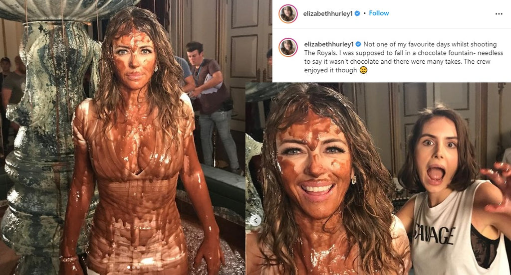 Liz Hurley is covered in chocolate gunge from messysupplies