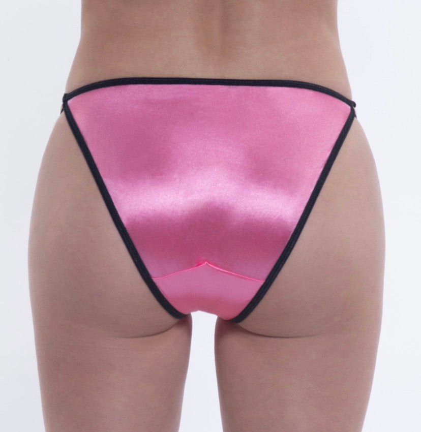 Pink Hi Cut Satin String Bikini Panty With Black Trim Lexington Intimates