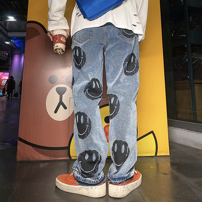 lindre vinkel angre Emoji smiley inkjet print Korean skater loose straight fit jeans in bl -  NOW MILLENNIAL