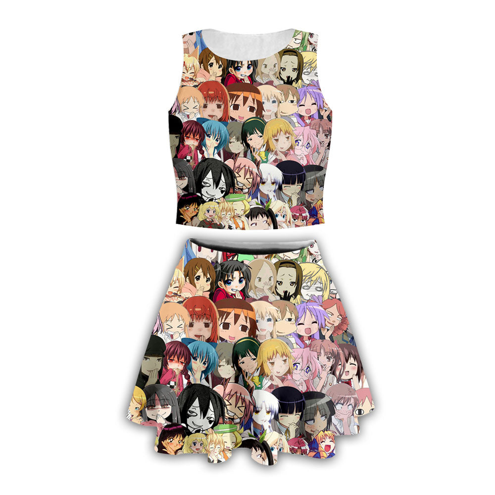 Anime Comic Ahegao Face Printed Girls Crop Top T Shirt And Skirt Suit Sgoodgoods - anime red kimono skirt top roblox