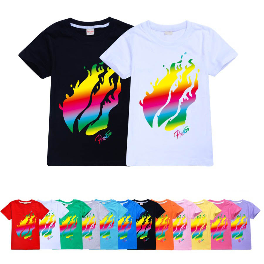 Prestonplayz Rainbow Flame Kids Youth Tee Summer Cotton Short Sleeve T Sgoodgoods - prestonplayz rainbow fire merch roblox