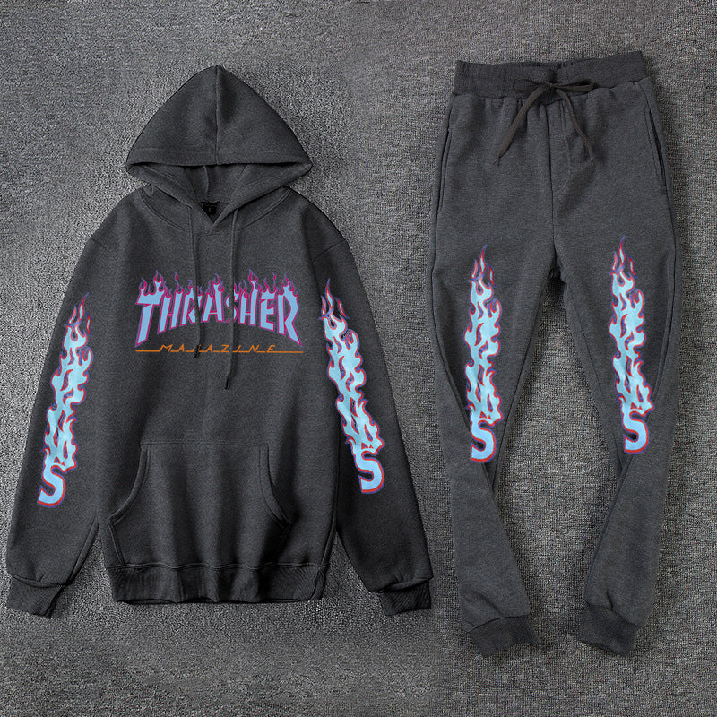 Thrasher Blue Flame Print Hoodie And Jogger Pants Set Fashion Unisex S Sgoodgoods - blue flame jacket roblox