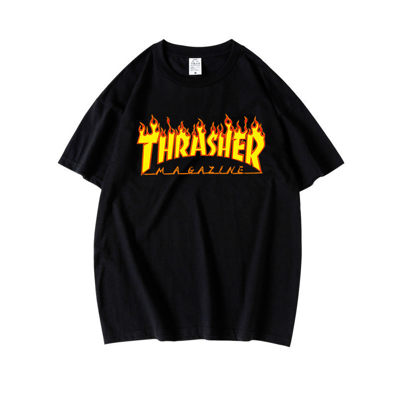 Thrasher Flame T Shirt Short Sleeves Casual Black Tee Unisex Sgoodgoods - white black shirt stripes short sleeves roblox